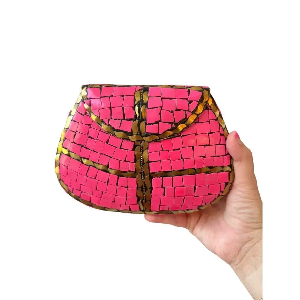 NEW Women's Glossy Pink Mosaic Tiles Gold Accents Semi-Circle Design Clutch